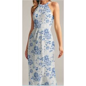 AW BRIDAL 8 M Blue Floral Raja faux wrap formal bridesmaid maxi dress NEW B147